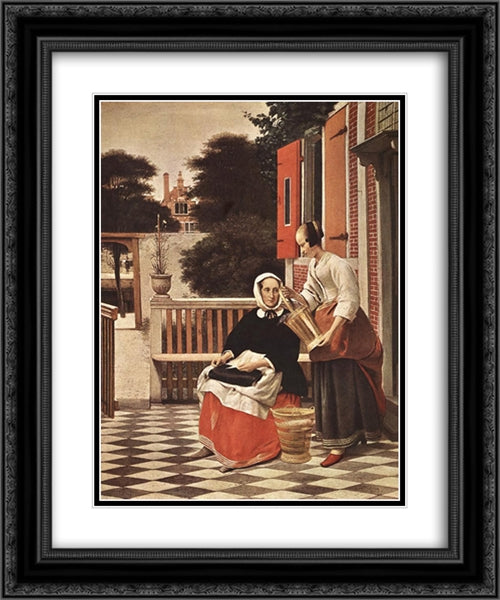 Woman and Maid 20x24 Black Ornate Wood Framed Art Print Poster with Double Matting by Hooch, Pieter de