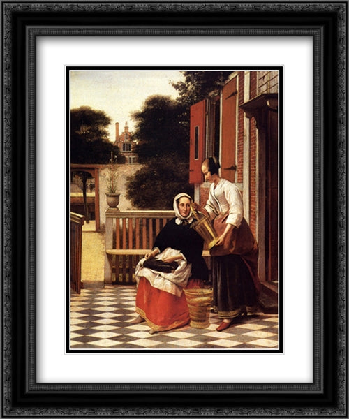 Woman and Maid 20x24 Black Ornate Wood Framed Art Print Poster with Double Matting by Hooch, Pieter de