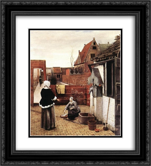 Woman and Maid in a Courtyard 20x22 Black Ornate Wood Framed Art Print Poster with Double Matting by Hooch, Pieter de