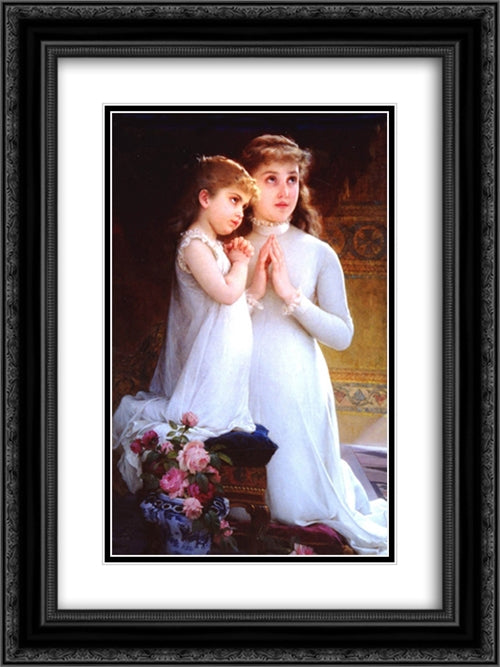 Two Girls Praying 18x24 Black Ornate Wood Framed Art Print Poster with Double Matting by Munier, Emile