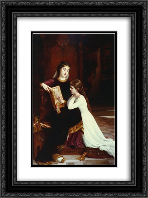 The Reading Lesson 18x24 Black Ornate Wood Framed Art Print Poster with Double Matting by Munier, Emile