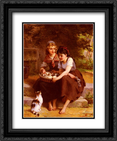 Deux Filles Avec Un Panier De Chatons 20x24 Black Ornate Wood Framed Art Print Poster with Double Matting by Munier, Emile