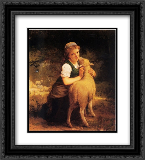 Young Girl with Lamb 20x22 Black Ornate Wood Framed Art Print Poster with Double Matting by Munier, Emile