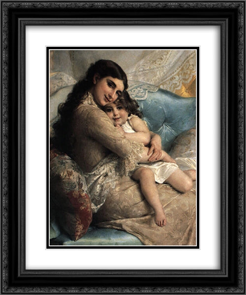 Portrait of a Mother and Daughter 20x24 Black Ornate Wood Framed Art Print Poster with Double Matting by Munier, Emile