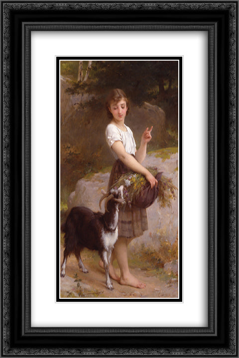 Young Girl with Goat & Flowers 16x24 Black Ornate Wood Framed Art Print Poster with Double Matting by Munier, Emile