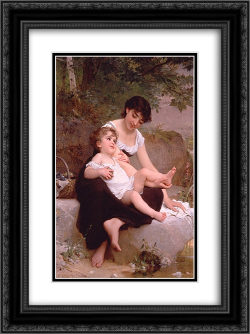 Mother and Child 18x24 Black Ornate Wood Framed Art Print Poster with Double Matting by Munier, Emile