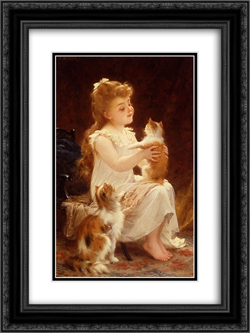 Playing with the Kitten 18x24 Black Ornate Wood Framed Art Print Poster with Double Matting by Munier, Emile