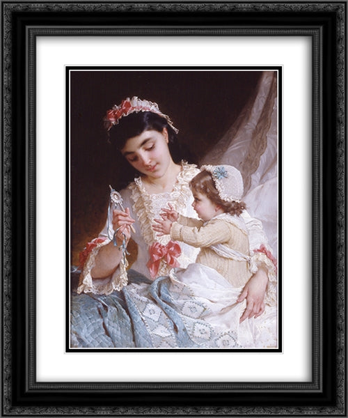 Distracting the Baby 20x24 Black Ornate Wood Framed Art Print Poster with Double Matting by Munier, Emile