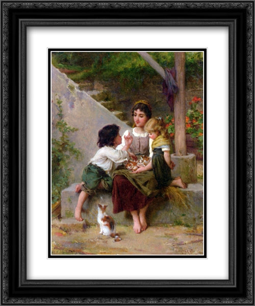 Playing with the Kittens 20x24 Black Ornate Wood Framed Art Print Poster with Double Matting by Munier, Emile