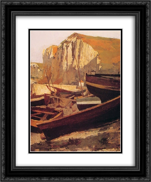 Barques au pied d'une falaise en Normandie 20x24 Black Ornate Wood Framed Art Print Poster with Double Matting by Laurens, Jean Paul