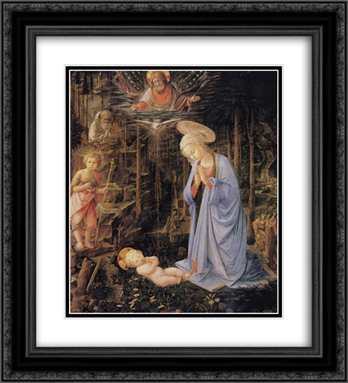 The Adoration with the Infant St. John the Baptist and St. Bernard 20x22 Black Ornate Wood Framed Art Print Poster with Double Matting by Lippi, Filippino