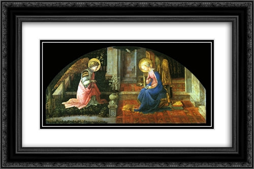 The Annunciation 24x16 Black Ornate Wood Framed Art Print Poster with Double Matting by Lippi, Filippino