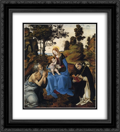 The Virgin and Child with Sts. Gerome and Dominic 20x22 Black Ornate Wood Framed Art Print Poster with Double Matting by Lippi, Filippino