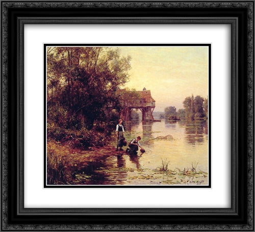 Two Girls by a Stream 22x20 Black Ornate Wood Framed Art Print Poster with Double Matting by Knight, Louis Aston