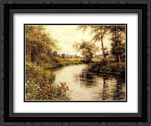 Flowers in Bloom by a River 24x20 Black Ornate Wood Framed Art Print Poster with Double Matting by Knight, Louis Aston