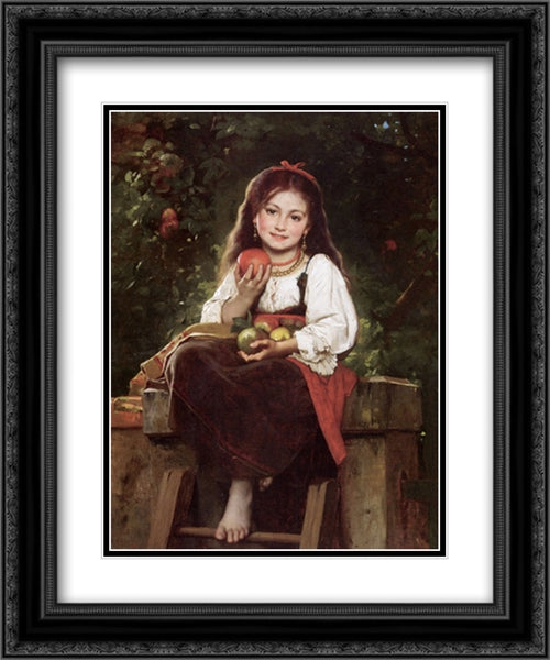 The Apple Picker 20x24 Black Ornate Wood Framed Art Print Poster with Double Matting by Perrault, Leon Bazile