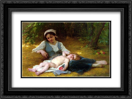 Jeune mere et enfant endormie 24x18 Black Ornate Wood Framed Art Print Poster with Double Matting by Perrault, Leon Bazile