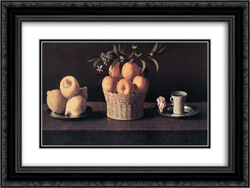 Still life with Oranges, Lemons and Rose 24x18 Black Ornate Wood Framed Art Print Poster with Double Matting by Zurbaran, Francisco de