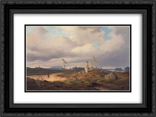 Landscape with Rune Stone 24x18 Black Ornate Wood Framed Art Print Poster with Double Matting by Achenbach, Andreas