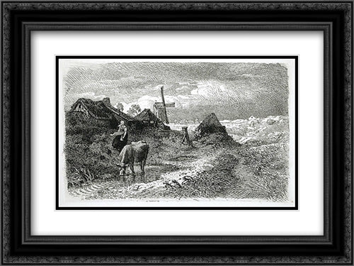 Dutch Landscape with Woman and Cow 24x18 Black Ornate Wood Framed Art Print Poster with Double Matting by Achenbach, Andreas