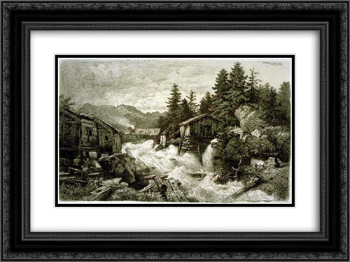 Logging Camp 24x18 Black Ornate Wood Framed Art Print Poster with Double Matting by Achenbach, Andreas