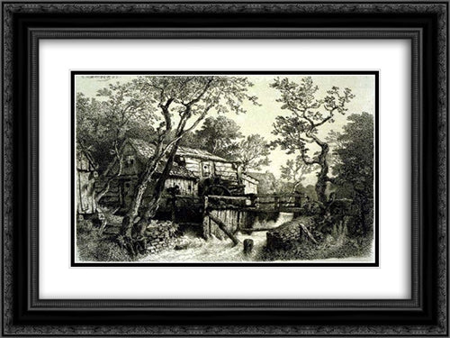 Mill Beside a Stream 24x18 Black Ornate Wood Framed Art Print Poster with Double Matting by Achenbach, Andreas