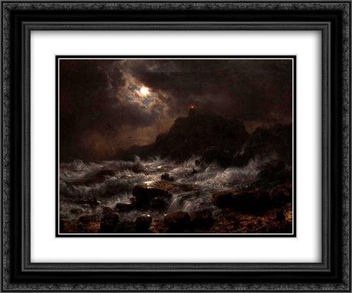 Norwegian Coast by Moonlight 24x20 Black Ornate Wood Framed Art Print Poster with Double Matting by Achenbach, Andreas