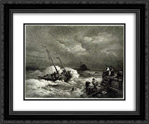 Pulling in a Boat 24x20 Black Ornate Wood Framed Art Print Poster with Double Matting by Achenbach, Andreas