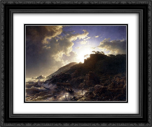 Sunset after a Storm on the Coast of Sicily 24x20 Black Ornate Wood Framed Art Print Poster with Double Matting by Achenbach, Andreas