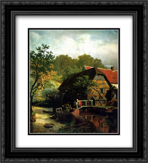 Westfalische Wassermuhle 20x22 Black Ornate Wood Framed Art Print Poster with Double Matting by Achenbach, Andreas