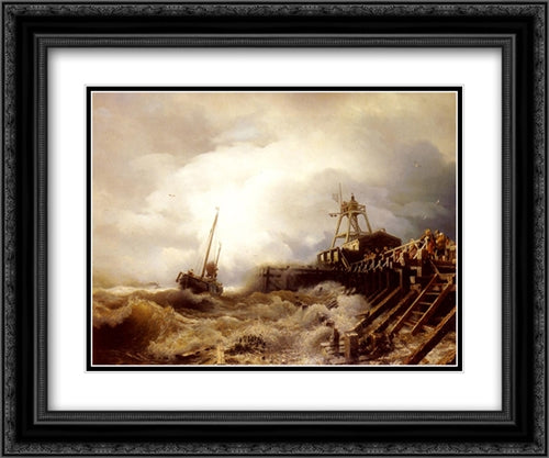 A Fishing Boat Caught In A Squall Off A Jetty 24x20 Black Ornate Wood Framed Art Print Poster with Double Matting by Achenbach, Andreas