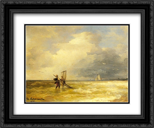 Fishing Along the Shore 24x20 Black Ornate Wood Framed Art Print Poster with Double Matting by Achenbach, Andreas