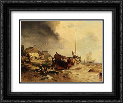 A Fishingboat On The Beach 24x20 Black Ornate Wood Framed Art Print Poster with Double Matting by Achenbach, Andreas