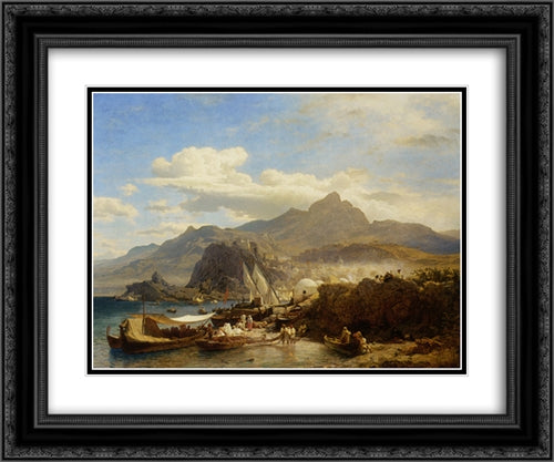 A Busy Town on the Levantine Coast 24x20 Black Ornate Wood Framed Art Print Poster with Double Matting by Achenbach, Andreas