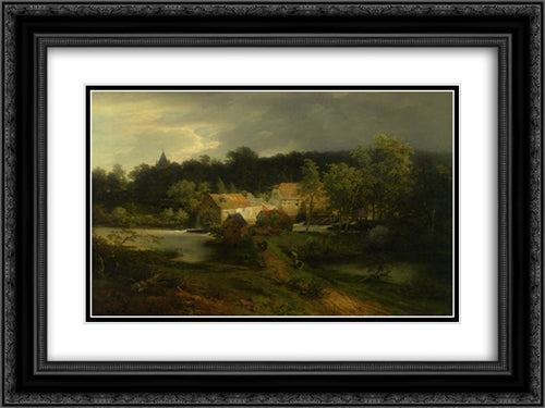 The Watermill in the Village 24x18 Black Ornate Wood Framed Art Print Poster with Double Matting by Achenbach, Andreas