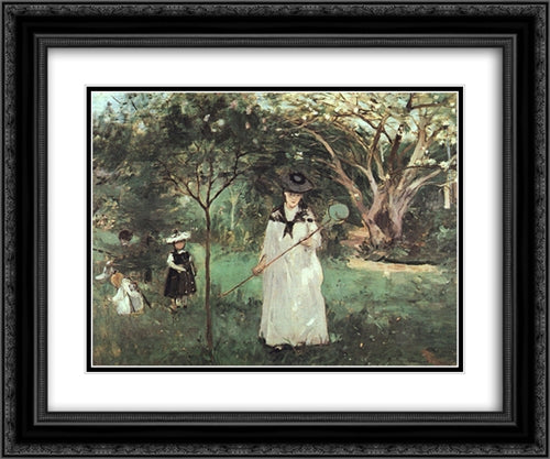 The Butterfly Chase 24x20 Black Ornate Wood Framed Art Print Poster with Double Matting by Morisot, Berthe