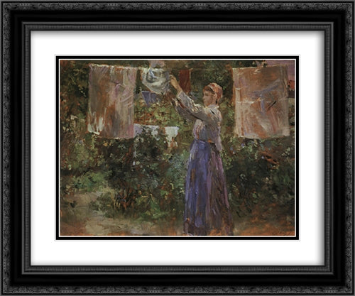 Peasant Hanging out the Washing 24x20 Black Ornate Wood Framed Art Print Poster with Double Matting by Morisot, Berthe