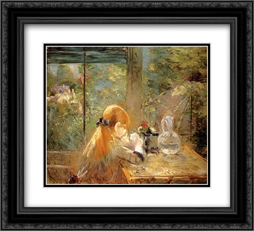 On The Veranda 22x20 Black Ornate Wood Framed Art Print Poster with Double Matting by Morisot, Berthe