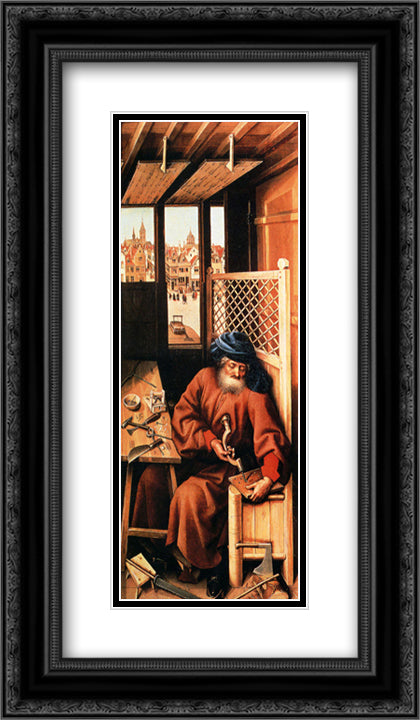 St. Joseph Portrayed As A Medieval Carpenter (Center Panel Of The Merode Altarpiece) 14x24 Black Ornate Wood Framed Art Print Poster with Double Matting by Campin, Robert