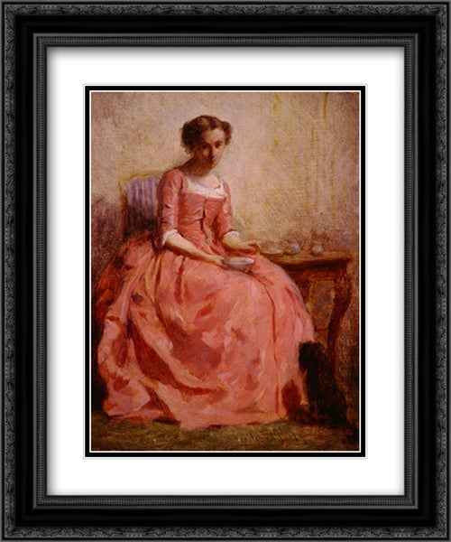 Girl in a Pink Dress Reading, with a Dog 20x24 Black Ornate Wood Framed Art Print Poster with Double Matting by Chaplin, Charles Joshua