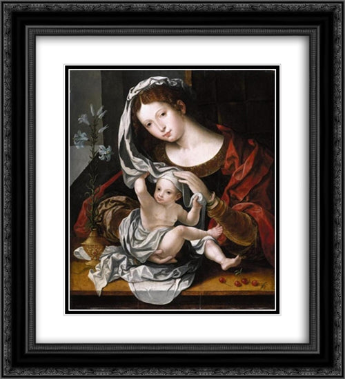 Madonna and Child playing with the veil 20x22 Black Ornate Wood Framed Art Print Poster with Double Matting by Mabuse