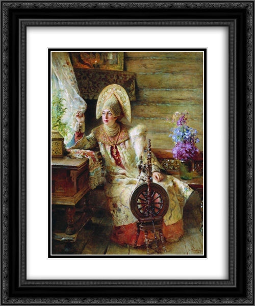 Boyaryshnya by the window 20x24 Black Ornate Wood Framed Art Print Poster with Double Matting by Makovsky, Konstantin