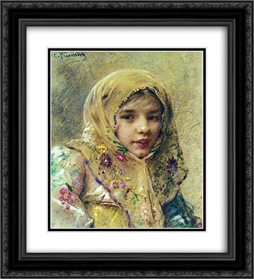 Portrait of the Girl 20x22 Black Ornate Wood Framed Art Print Poster with Double Matting by Makovsky, Konstantin