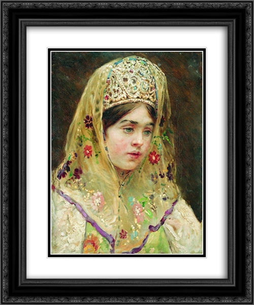 Portrait of the Girl in a Russian Dress 20x24 Black Ornate Wood Framed Art Print Poster with Double Matting by Makovsky, Konstantin