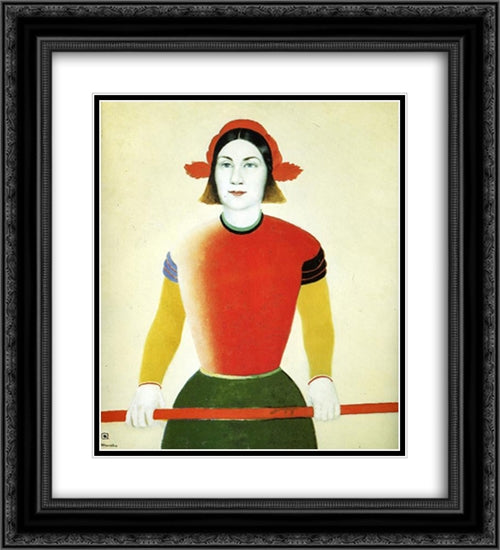 Girl with Red Flagpole 20x22 Black Ornate Wood Framed Art Print Poster with Double Matting by Malevich, Kazimir