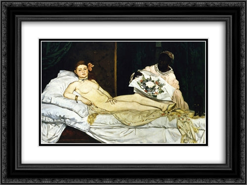 Olympia 24x18 Black Ornate Wood Framed Art Print Poster with Double Matting by Manet, Edouard