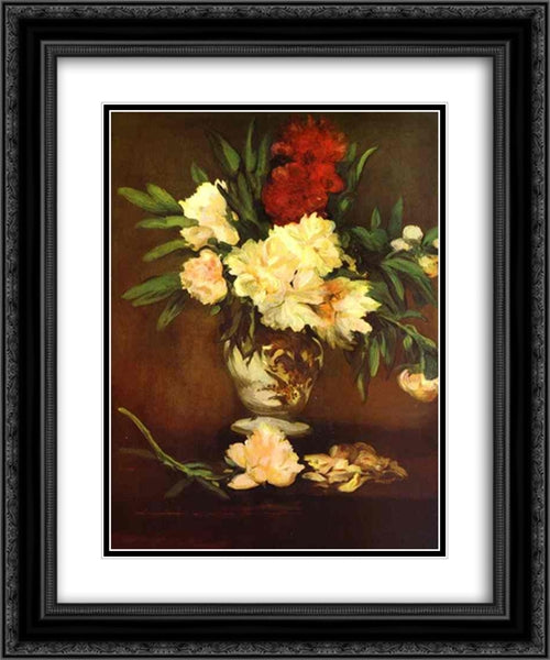 Peonies in a vase 20x24 Black Ornate Wood Framed Art Print Poster with Double Matting by Manet, Edouard