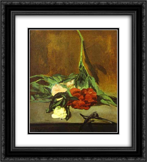 Peony stem and shears 20x22 Black Ornate Wood Framed Art Print Poster with Double Matting by Manet, Edouard