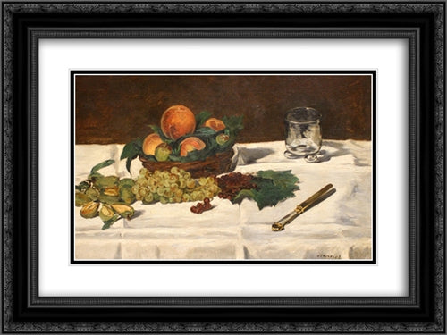 Still Life: Fruits on a Table 24x18 Black Ornate Wood Framed Art Print Poster with Double Matting by Manet, Edouard