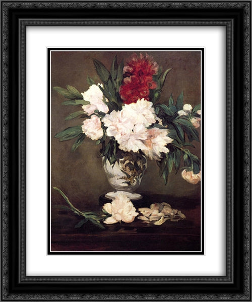 Vase of Peonies on a Small Pedestal 20x24 Black Ornate Wood Framed Art Print Poster with Double Matting by Manet, Edouard